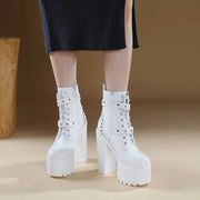 14CM Women Chunky Ankle Boots Leather cosplay Round Toe Platform Knight Boots Shoes High Heels Black White Thick Heel Lace Up