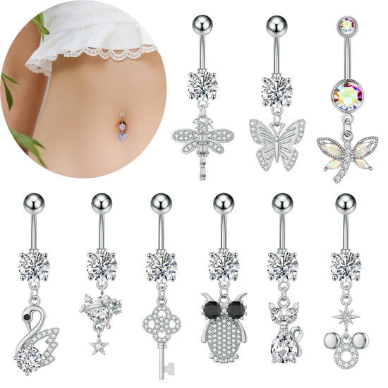 Elegant Dangled Belly Piercing Jewelry Fashion Dragonfly Owl Butterfly Shaped Curved Navel Rings Stainless Keys CZs Belly Ring