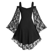 Gothic Punk Girls Midi Dress Sexy Lace Patchwork Long Flare Sleeve Dress Women Harajuku Cold Shoulder Strappy Halloween Sundress