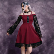 Gothic Punk Girls Midi Dress Sexy Lace Patchwork Long Flare Sleeve Dress Women Harajuku Cold Shoulder Strappy Halloween Sundress