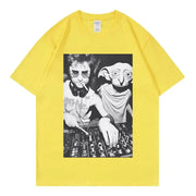 A gothic T-shirt for women featuring Dobby the House Elf DJ with funny expressions designed to be fashionable and loose-fitting