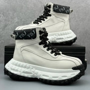 Trendy Men's High-Top  Boots Leather Surface Spor Casual Thi Bot Workwear oes round Toe Flat Heel Pure Color