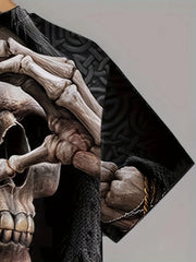 Men's Casual T-Shirt, Gothic Skull Heart Hands Graphic Black Short Sleeve Crew Neck Tee Cool Streetwear Halloween Fashion Top