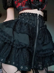 Black Women Punk High Waisted Goth Skirt Sexy Pleated Mini Skirt with Chain E Girl Lace-Up Tie PU Leather Corset Y2K Crop Tops