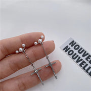 Gothic Cross Pearl Dangle Earrings for Women Elegant Tassels Sparkling Zircon Rhinestone Romantic Ear Accessorie Fashion Jewelry
