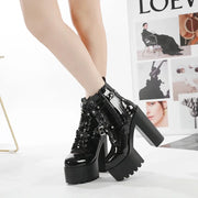14CM Women Chunky Ankle Boots Leather cosplay Round Toe Platform Knight Boots Shoes High Heels Black White Thick Heel Lace Up