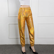 Women's Mid Waist Solid Colour Shiny Glossy Sweatpants Nine Minute Pants Fashion hip-hop trousers Disco Bottoms
