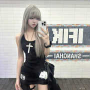 Gothic Punk Large Wood Cross Pendant Necklace Y2k 3D Relief Flower Metal Cross Double Pendant Necklace Jewelry Gifts Accessories