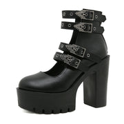 Gdgydh Goth Style Women Block Heels for Halloween Fashion Buckle Strap Dress Pumps Platform Mary Jane Shoes Stylish Back Zipper