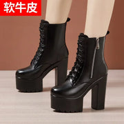 14cm Small Size 32-43 Fashion Genuien Leather Boots Fall 2025 Block High Heels Shoes Chunky Platform Short Ankle Boots Model