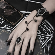 Sexy Gothic Oval Black Imitation Gemstone Round Bead Tassels Lace Bracelet Connected Ring for Women Creative Personality Jewelry