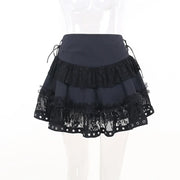 Black Women Punk High Waisted Goth Skirt Sexy Pleated Mini Skirt with Chain E Girl Lace-Up Tie PU Leather Corset Y2K Crop Tops