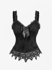 ROSEGAL Gothic Corset Black Spider Web Flocking Applique Lace Trim Bowknot Lace-up Back Corset Tops For Ladies