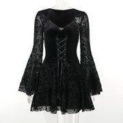 Gothic Long Sleeve Ruffle Mini Dress Women's Vintage V Neck Velvet Stretchy Bodycon Cocktail Dresses Victorian Blouse