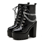 2025 Women's Black Gothic High Heel Ankle Boots Sexy Chain Punk Style Patent Leather Platform Boots Lace Up Motorcycle Boots