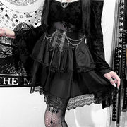Gothic Skirt Sexy Cute Black Mini Women Drawstring Folds High Waist Irregular Ruffle Patchwork Fairycore Short Skirts Mori Girl