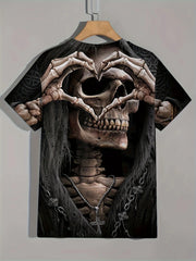 Men's Casual T-Shirt, Gothic Skull Heart Hands Graphic Black Short Sleeve Crew Neck Tee Cool Streetwear Halloween Fashion Top