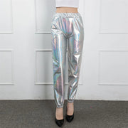 Women's Mid Waist Solid Colour Shiny Glossy Sweatpants Nine Minute Pants Fashion hip-hop trousers Disco Bottoms