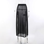 Harajuku Punk Black Hollow Out Skirt Y2K Goth Grunge Patchwork Eyelet Split Long Skirt Summer Sexy Night Club Skirt