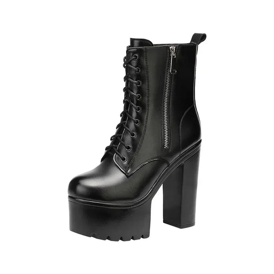 14cm Small Size 32-43 Fashion Genuien Leather Boots Fall 2025 Block High Heels Shoes Chunky Platform Short Ankle Boots Model