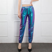 Women's Mid Waist Solid Colour Shiny Glossy Sweatpants Nine Minute Pants Fashion hip-hop trousers Disco Bottoms