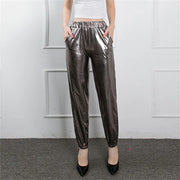 Women's Mid Waist Solid Colour Shiny Glossy Sweatpants Nine Minute Pants Fashion hip-hop trousers Disco Bottoms