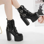 14CM Women Chunky Ankle Boots Leather cosplay Round Toe Platform Knight Boots Shoes High Heels Black White Thick Heel Lace Up