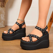 Women Sandals Summer Open Toe Buckle High Heels Shoes Black Punk Gothic Platform Sandals Sexy Rivets Thick Heels Shoes for Women