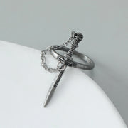 Gothic Dark Crossing Swords Ring Female Ins Style Creative Personality Chain Tassel Skeleton Ring Vintage Antique Silver Rings