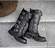 Men's Punk Gothic Biker Boots Tall Harness Buckle Side Zipper Riding Boots for Cosplay Costume Performance Comfortable Black