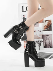 14CM Women Chunky Ankle Boots Leather cosplay Round Toe Platform Knight Boots Shoes High Heels Black White Thick Heel Lace Up