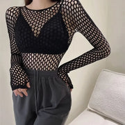 Gothic Sexy Black Fishnet Mesh See Through T-Shirt Women Skinny Goth Hollow Out Long Sleeve Shirts Crop Top Tee Shirt Streetwear