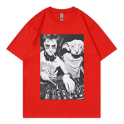 A gothic T-shirt for women featuring Dobby the House Elf DJ with funny expressions designed to be fashionable and loose-fitting