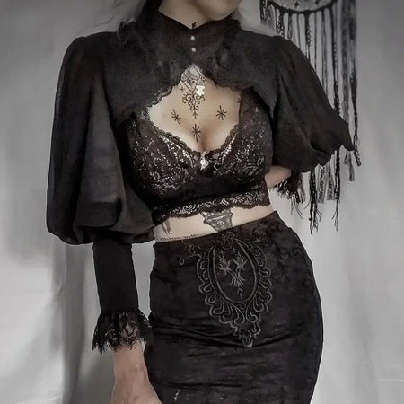 Gothic Black Lace Short Steampunk Crop Jacket Kawaii Vintage Gorgeous Palace Blouse Women Party Bolero Victorian Coat Corset