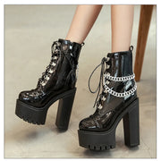 2025 Women's Black Gothic High Heel Ankle Boots Sexy Chain Punk Style Patent Leather Platform Boots Lace Up Motorcycle Boots