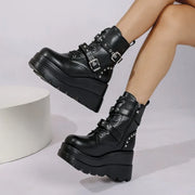 New Women's Pu Leather Ankle Boots Women Autumn Winter Round Toe Lace Up Shoes Woman Motorcycle Platform Botas Gothic Shoes