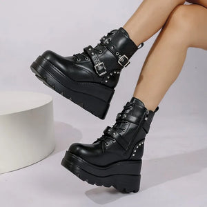 New Women's Pu Leather Ankle Boots Women Autumn Winter Round Toe Lace Up Shoes Woman Motorcycle Platform Botas Gothic Shoes