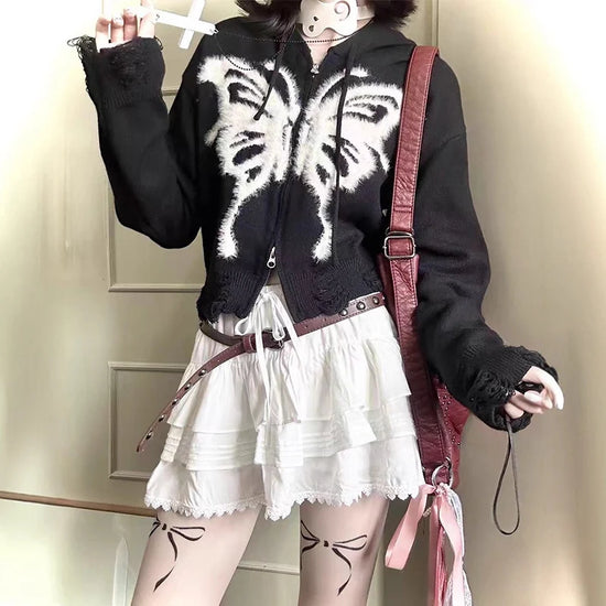 Gothic Style Butterfly Hooded Jacket Women American Spicy Girl Short Zip Up Cardigan Coat Autumn Y2K Retro Knitted Outerwear