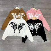 Gothic Style Butterfly Hooded Jacket Women American Spicy Girl Short Zip Up Cardigan Coat Autumn Y2K Retro Knitted Outerwear