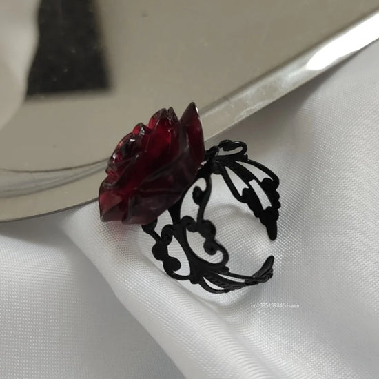 Halloween Gothic Red Rose Ring Vintage Adjustable Hollow Rings for Women Witch Pagan Punk for Cool Girl Gifts Party Jewelry