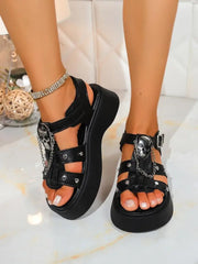 Punk Metal Decoration Black Pu Sandals Women 2025 Summer Metal Chain Thick Bottom Ankle Strap Sandals Gothic Metal Chain Shoes