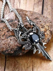 1 Gothic Style Women's Ancient Silver-color Evil Dragon Gem Pendant Necklace Personalized Fashion Street Sweater Chain Jewelry