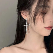 Gothic Cross Pearl Dangle Earrings for Women Elegant Tassels Sparkling Zircon Rhinestone Romantic Ear Accessorie Fashion Jewelry