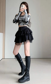 Korean Fashion High Waist Cake Skirts Women Sexy Gothic Punk Black Y2K Skirts Female Lace-Up Students Ruffles A-Line Skirt