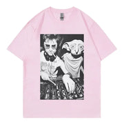 A gothic T-shirt for women featuring Dobby the House Elf DJ with funny expressions designed to be fashionable and loose-fitting