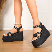 Women Sandals Summer Open Toe Buckle High Heels Shoes Black Punk Gothic Platform Sandals Sexy Rivets Thick Heels Shoes for Women
