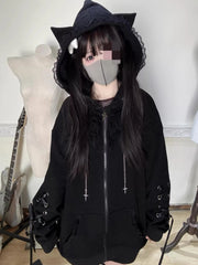 Gothic Subculture Black Lace Loose Hoodie Women's Autumn Aesthetic Lovely Long Sleeve Hooded Coat Casual Warm Winter Overcoat