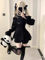 Gothic Vintage Hot Girl Patchwork Dress Women Lolita Y2k Design Prom Dress Female Lace Chic Korean Popular Clothes Halloween