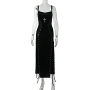 Goth Dark Punk Grunge Lace Up Maxi Dress 90s Streetwear Gown Women Sexy Bandage Velvet Dresses Y2k New Harajuku Gothic Clothing