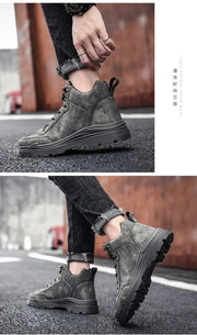 Men's High-top Boots in Solid Color Retro Style Fashionable Flat and Durable Handcrafted All-season Outdoor Work Boots